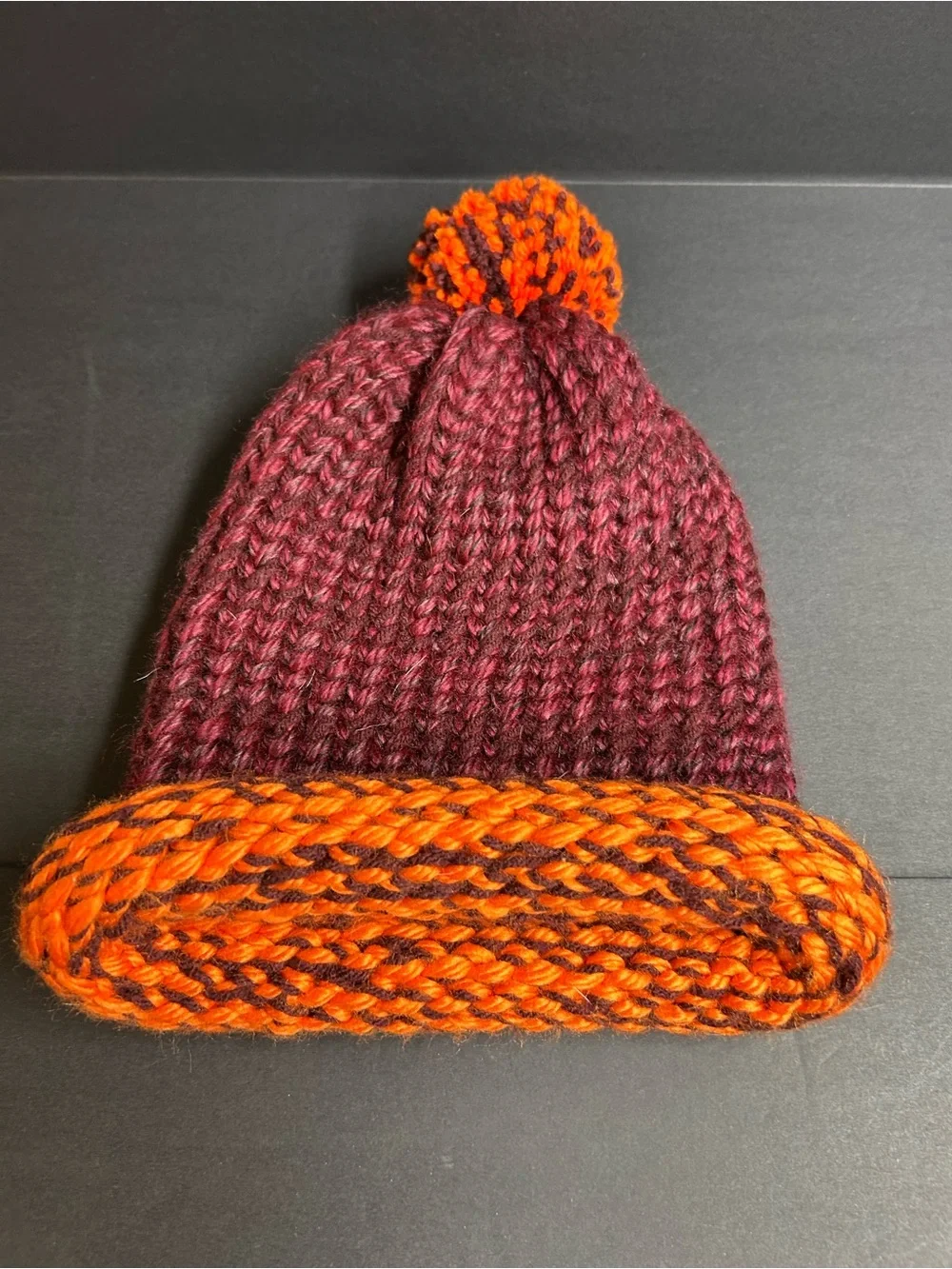 Maroon and Orange Two-Tone Pom Beanie Hat